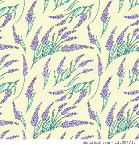 Seamless pattern featuring lavender sprigs. Elegant hand-drawn botanical floral design in soft pastel tones for textiles, gift wrap and home decor. Seamless pattern featuring lavender sprigs. Elegant hand-drawn botanical floral design in soft pastel tones for textiles, gift wrap and home decor. 133004715