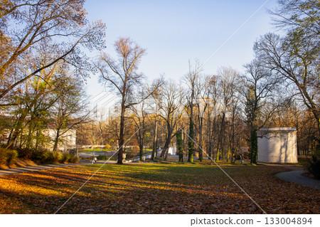 Golden autumn sunlight casting long shadows across a peaceful park, trees glowing with warm tones of orange and gold. Golden autumn sunlight casting long shadows across a peaceful park, trees glowing with warm tones of orange and gold. 133004894