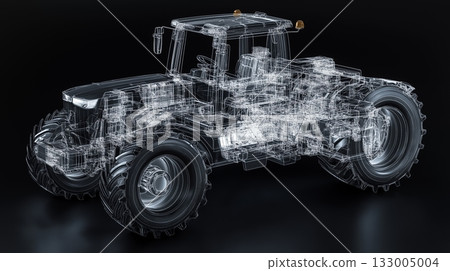 Detailed transparent illustration of a tractor showcasing its internal mechanisms and design 133005004