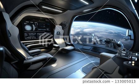 Futuristic space habitat with a stunning view of Earth during sunset from a sleek interior 133005013