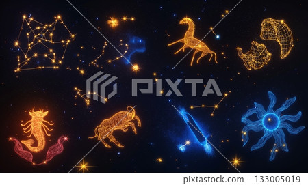 Neon constellation art of zodiac signs set against a starry night sky. Astrological symbols 133005019