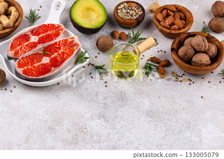 Healthy fat concept. Product with omega 3. Healthy fat concept. Product with omega 3. 133005079