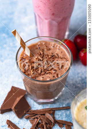 Milkshake from strawberry, banana and chocolate Milkshake from strawberry, banana and chocolate 133005090