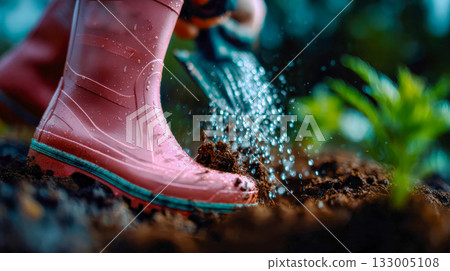 Close-up of a person gardening with bright pink boots and a trowel digging rich soil Close-up of a person gardening with bright pink boots and a trowel digging rich soil 133005108