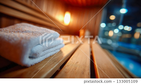 Folded towels on wooden benches inside a cozy, warm-lit sauna interior 133005109