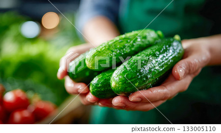 Farmer presenting freshly harvested cucumbers in a lush greenhouse Farmer presenting freshly harvested cucumbers in a lush greenhouse 133005110