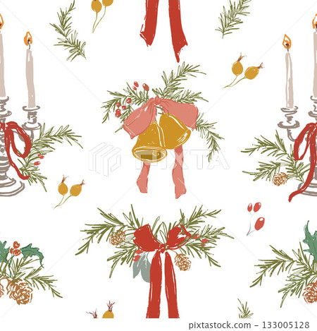 Whimsical Christmas seamless pattern of bell, bow, candle and fir branch. Hand-drawn vintage floral composition isolated on white background. Illustration for design, print, fabric or background. 133005128