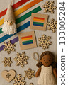 Festive Christmas Pride Flat Lay with Rainbow Ornaments, Pinecones, and Candles 133005284