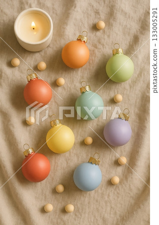 Festive Christmas Pride Flat Lay with Rainbow Ornaments, Pinecones, and Candles Festive Christmas Pride Flat Lay with Rainbow Ornaments, Pinecones, and Candles 133005291