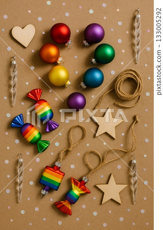 Festive Christmas Pride Flat Lay with Rainbow Ornaments, Pinecones, and Candles 133005292