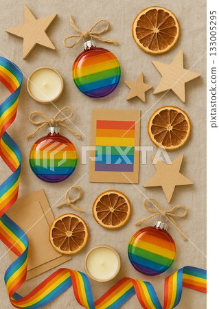 Festive Christmas Pride Flat Lay with Rainbow Ornaments, Pinecones, and Candles 133005295