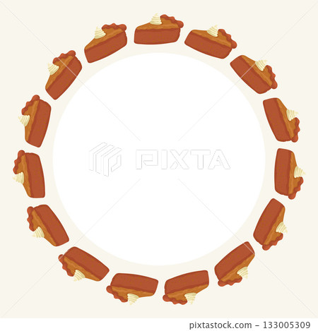 A wreath of pumpkin pies with whipped cream on top. The pies are arranged in a circle and are all the same size. A wreath of pumpkin pies with whipped cream on top. The pies are arranged in a circle and are all the same size. 133005309