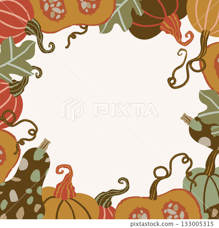 Frame of orange, green, red pumpkins and autumn leaves suitable for decorating postcards, autumn posters, packaging. Frame of orange, green, red pumpkins and autumn leaves suitable for decorating postcards, autumn posters, packaging. 133005315