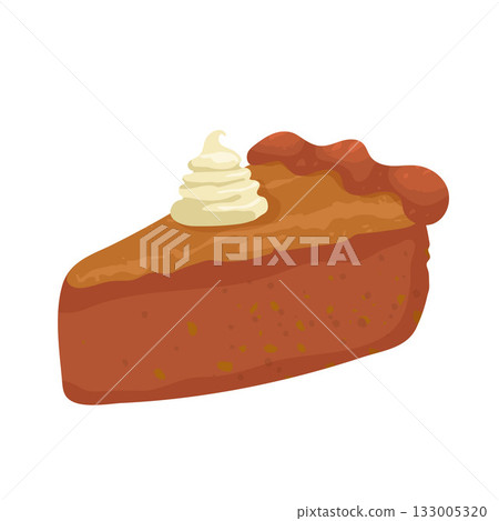 A slice of pumpkin pie with whipped cream on top. The pie is orange and has a light, fluffy texture. 133005320