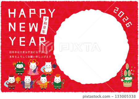 2026年新年賀卡,圓形相框,紅色背景,七福神 2026年新年賀卡,圓形相框,紅色背景,七福神 133005338