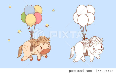 Cute Cartoon Horse on Balloons. Outline and Color Adorable Festive Pony Kawaii Animal. Coloring Book. Vector illustration. Kids collection. Not AI 133005348