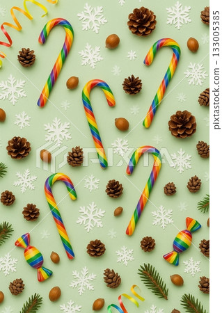 Festive Christmas Pride Flat Lay with Rainbow Ornaments, Pinecones, and Candles 133005385