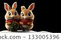 Two fluffy bunnies with tiny Christmas tree wearing red scarves on black background 133005396
