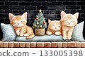 Three ginger kittens resting near small Christmas tree illustration 133005398