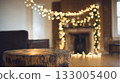 Wooden stump table with warm garland lights in cozy interior 133005400