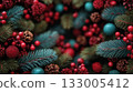 Christmas background with pine branches, berries, cones, and ornaments 133005412