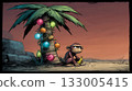 Cartoon monkey with banana near palm tree decorated with lights 133005415