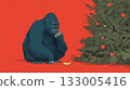 Blue gorilla sitting by decorated Christmas tree on red background 133005416