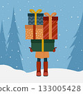 Young woman holding many colorful gift boxes against the background of a winter landscape. Vector illustration in flat cartoon style isolated on white background. 133005428