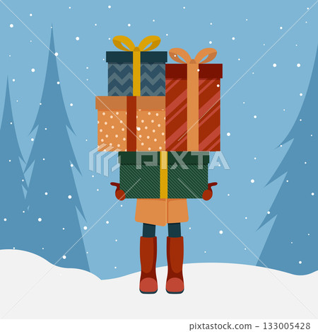 Young woman holding many colorful gift boxes against the background of a winter landscape. Vector illustration in flat cartoon style isolated on white background. 133005428