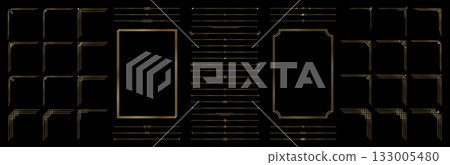 Golden thin linear frame, border, divider set. Elegant premium gold geometric radiance borders collection in art deco style on black background. Vector illustration Golden thin linear frame, border, divider set. Elegant premium gold geometric radiance borders collection in art deco style on black background. Vector illustration 133005480