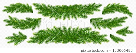 Christmas spruce branches. Fir twigs with green needles. Realistic fir tree branches border isolated on transparent background for greeting New Year and Xmas cards. Vector illustration 133005493