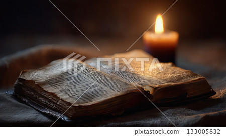 Ancient Bible on table with warm candle glow 133005832