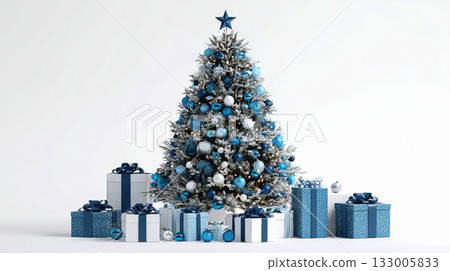 Christmas background with decorated tree and wrapped gifts Christmas background with decorated tree and wrapped gifts 133005833