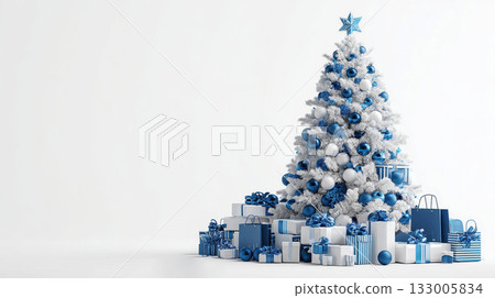 Christmas tree with blue and white decorations and gifts. Christmas tree with blue and white decorations and gifts. 133005834