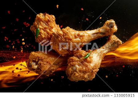 Hot chicken legs with flames and dynamic energy. 133005915