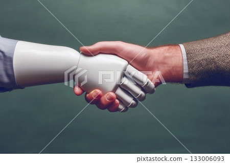 Human hand shaking robotic hand 133006093