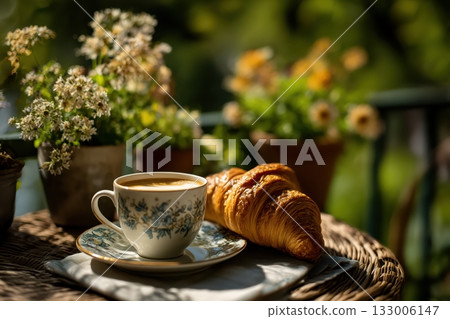 Small table on balcony with croissant and coffee cup. 133006147