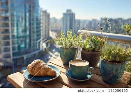Small table on balcony with croissant and coffee cup. Small table on balcony with croissant and coffee cup. 133006165