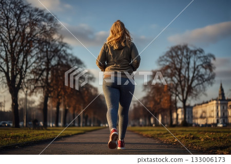 A mildly obese girl jogging 133006173