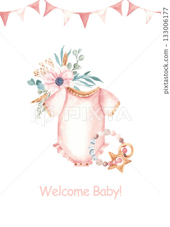 Watercolor baby shower, conformation or christening invitation for a baby girl with pink bodysuit, teething ring, and anemone bouquet with pink bunting. Perfect for newborn party or birth celebration Watercolor baby shower, conformation or christening invitation for a baby girl with pink bodysuit, teething ring, and anemone bouquet with pink bunting. Perfect for newborn party or birth celebration 133006177