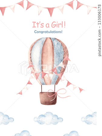 Cute baby shower girl announcement card template with hot air balloon, pink bunting flags and clouds. Hand drawn design for newborn greeting or gender reveal party. Cute baby shower girl announcement card template with hot air balloon, pink bunting flags and clouds. Hand drawn design for newborn greeting or gender reveal party. 133006178