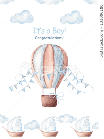 Cute baby shower boy announcement card template with hot air balloon, blue flags, sea boat and clouds. Hand drawn design for newborn greeting or gender reveal party. Cute baby shower boy announcement card template with hot air balloon, blue flags, sea boat and clouds. Hand drawn design for newborn greeting or gender reveal party. 133006180