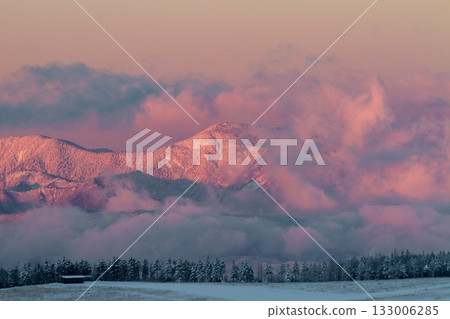 晨曦映照下，白雪皚皚的山峰熠熠生輝。 133006285