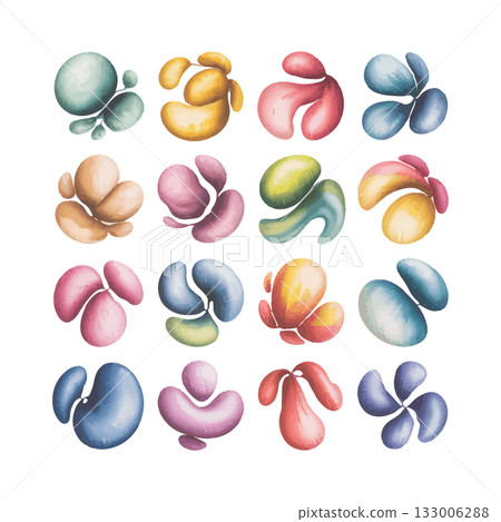 Colorful abstract shapes arranged in a grid pattern, showcasing various designs and hues in modern art 133006288