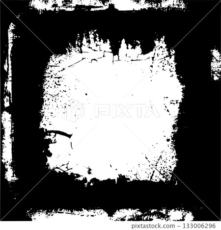 Black and white textured frame with splashes and scratches creating a vintage look Black and white textured frame with splashes and scratches creating a vintage look 133006296