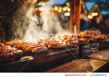 Grilled sausages cooking on barbecue with steam at festive market stand 133006473