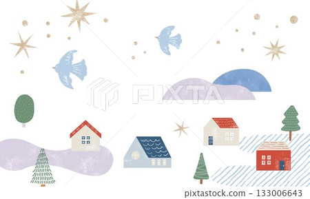 聖誕風景插畫，描繪了冬季雪景小鎮的景象 133006643