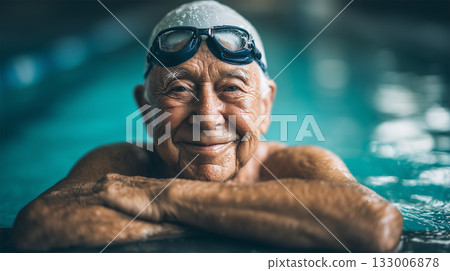 一名男子在泳池中開懷大笑。 133006878
