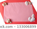 A spa backdrop mockup made of seashells and red paper. 133006899