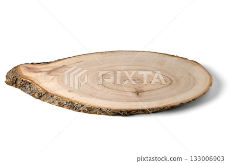 cutting board made of wood cut with bark isolated on white background. 133006903